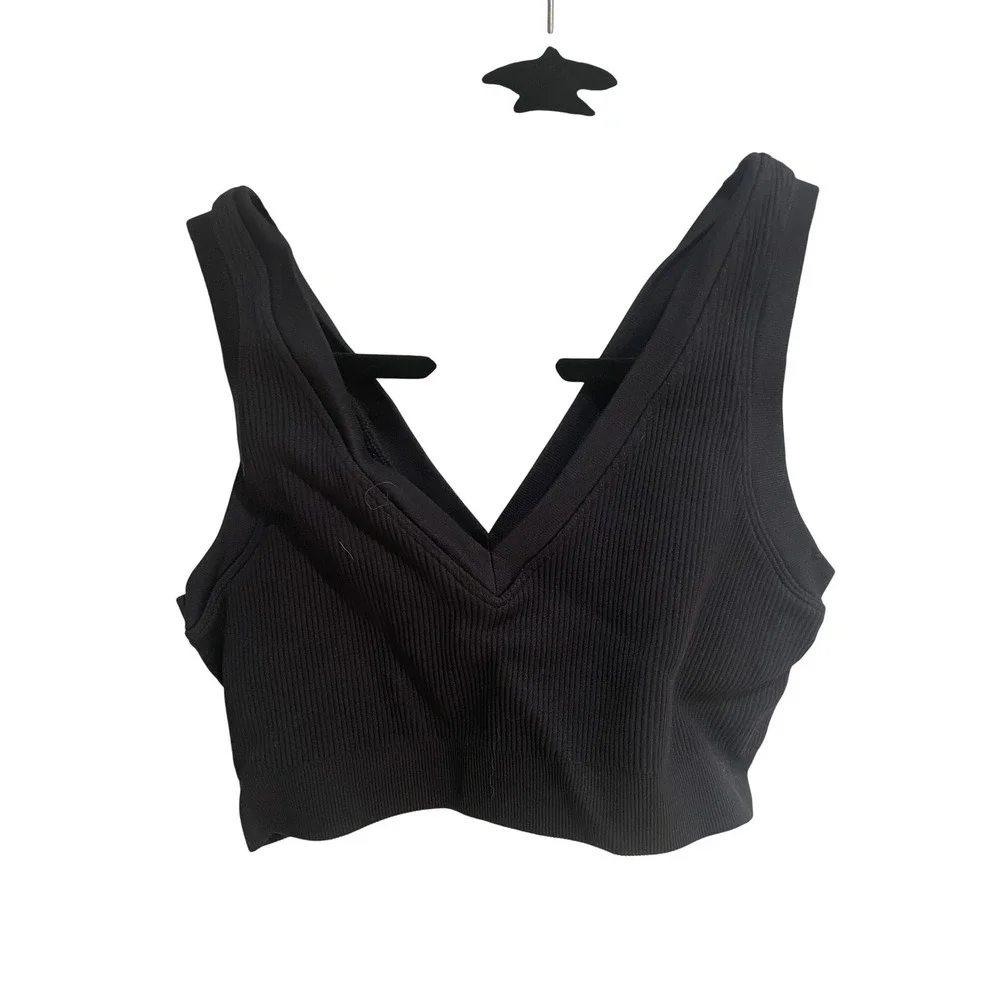OFFLINE by Aerie Ribbed V-Neck Sports Bra Black Medium Support Crop Top M